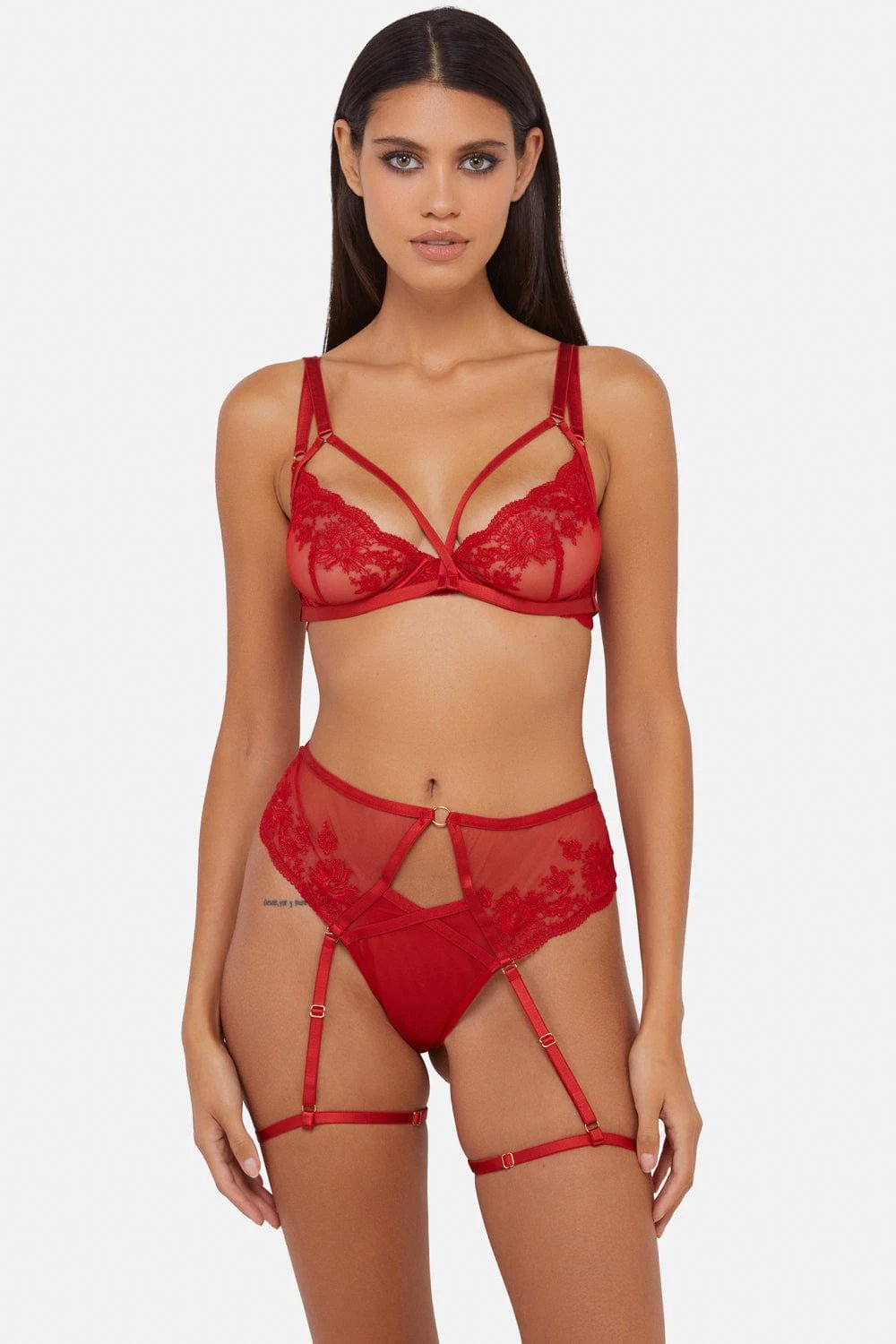 Sarina Red Embroidery Strap Plunge Bra by Wolf & Whistle