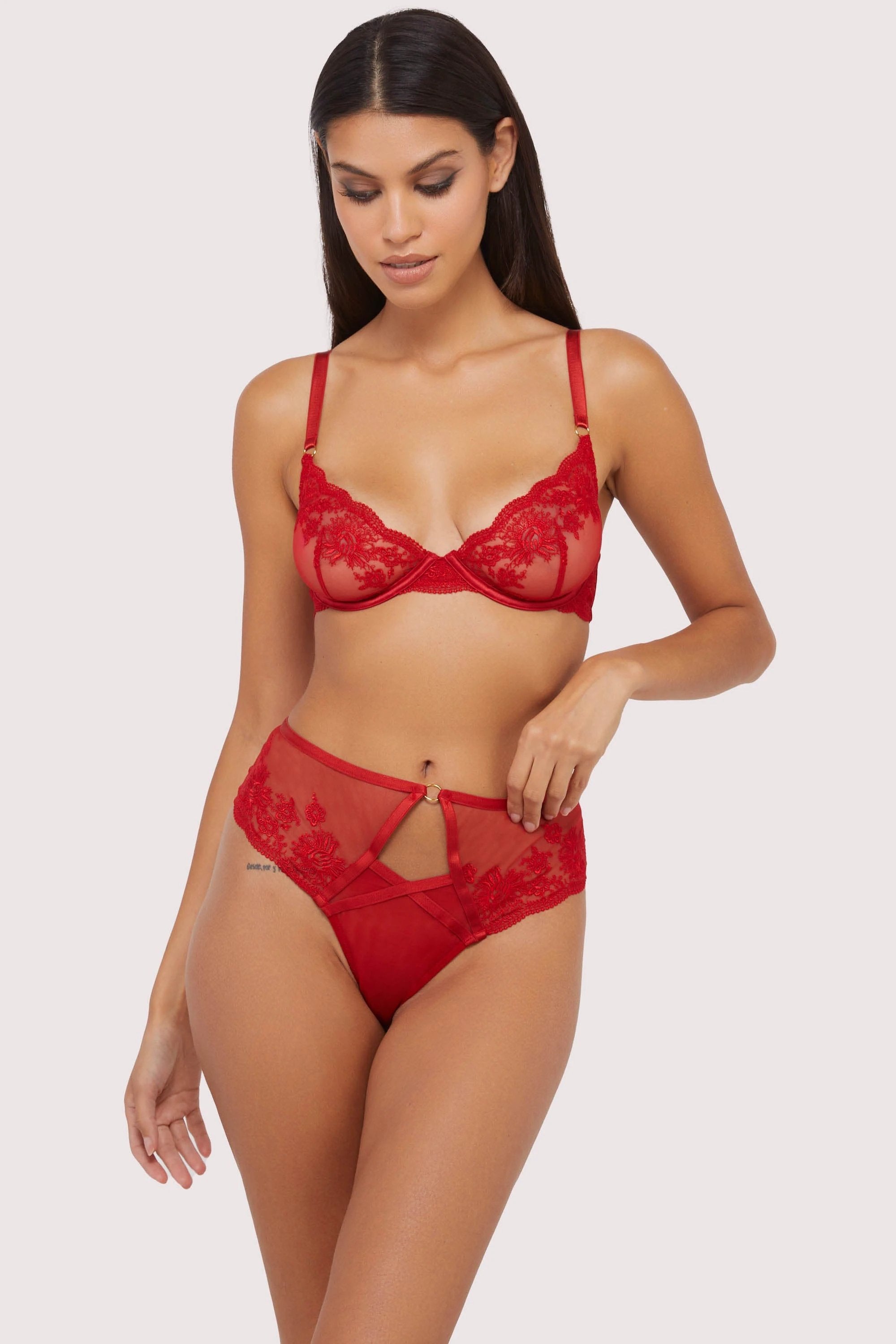 Sarina Red Embroidery High Waist Suspender Brief by Wolf & Whistle