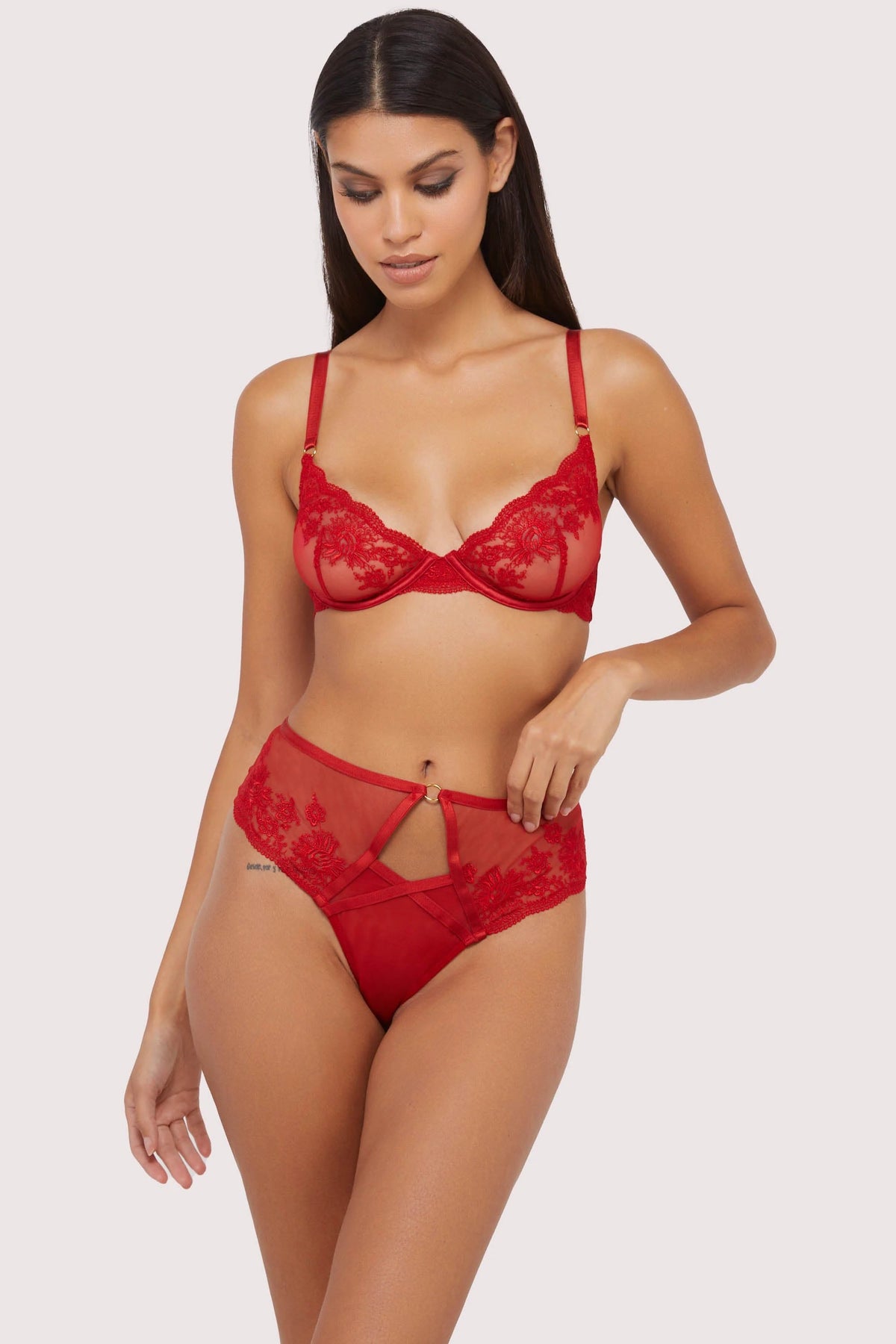Sarina Red Embroidery High Waist Suspender Brief by Wolf & Whistle