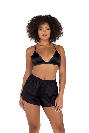 Roma Confidential 2 Piece Sets XSmall / Black Satin Lounge Set with Triangle Top & Boxing Shorts